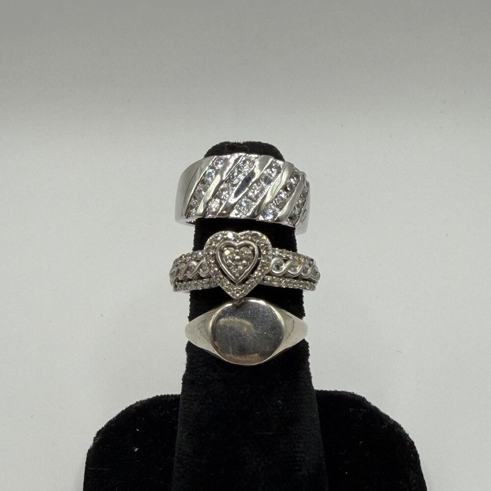 Lot of 3 Sterling Silver 925 Rings Size 6 Heart CZ Wide Band Signet Ring